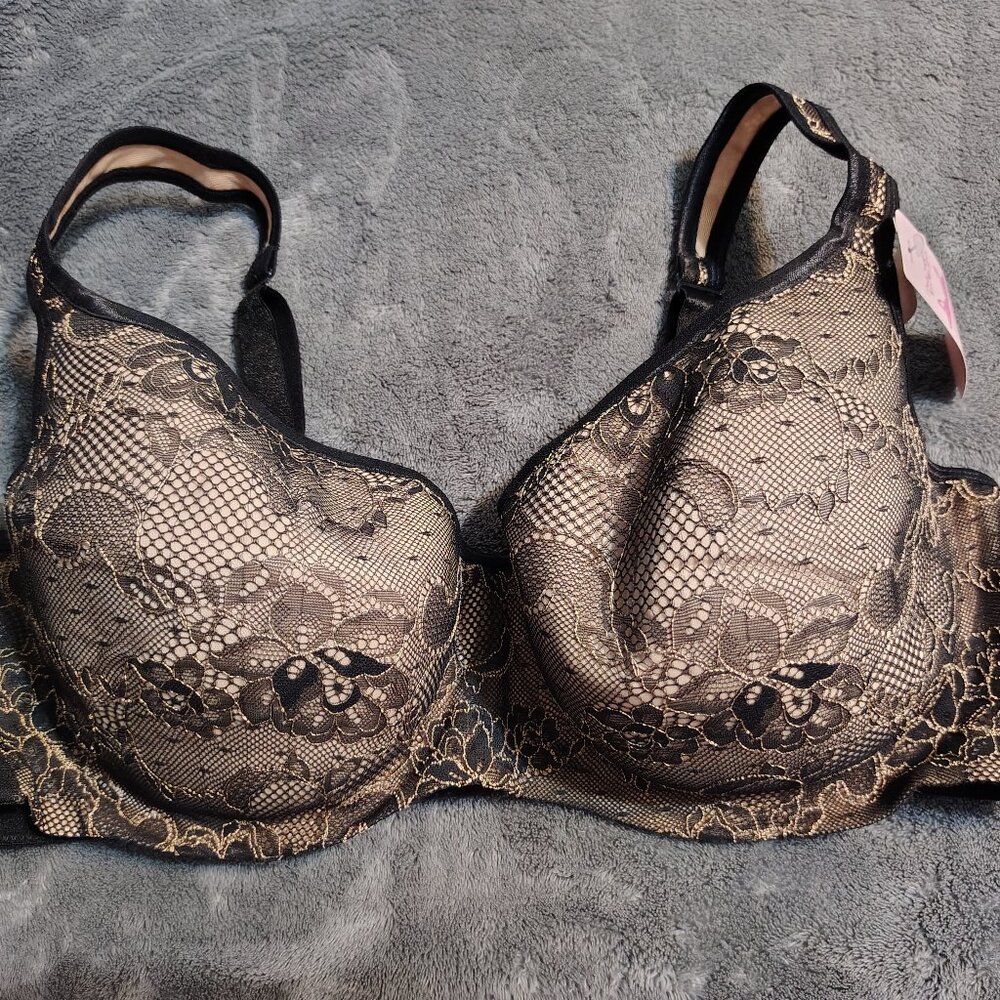 Balconette Lace Bra - Tan & Black - Lane Bryant Cacique - Size 44D - NWT
